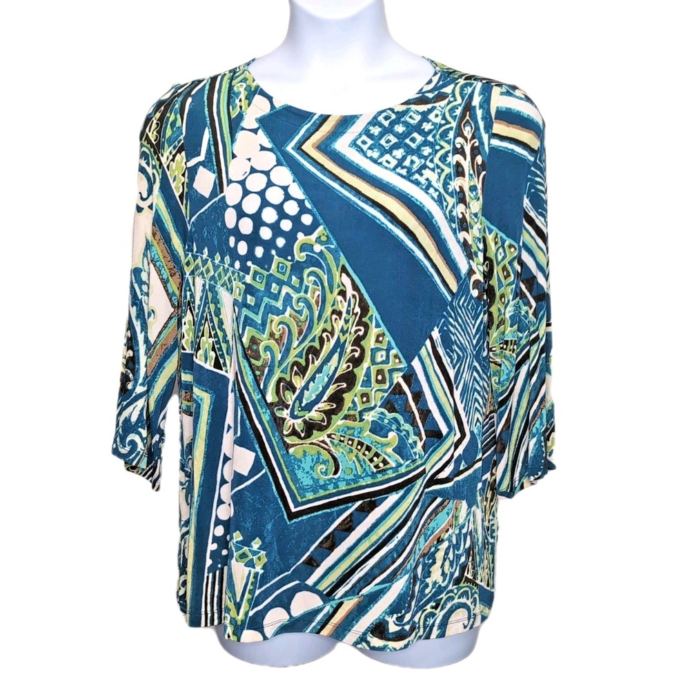 Chico's Travelers Tunic Top Size 3 XL Turquoise Blue Multicolor Abstract Blouse